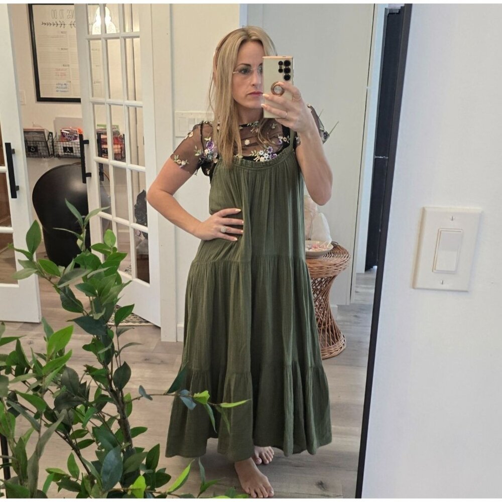 Xirena Sage Green Cotton Tiered Maxi Dress With Spaghetti Straps Womens M